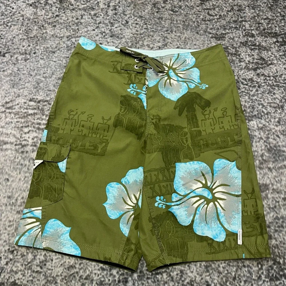 NWT Hurley Board Shorts Mens 29 Green Blue Tropical Flowers Surf Swim Trunks Y2K